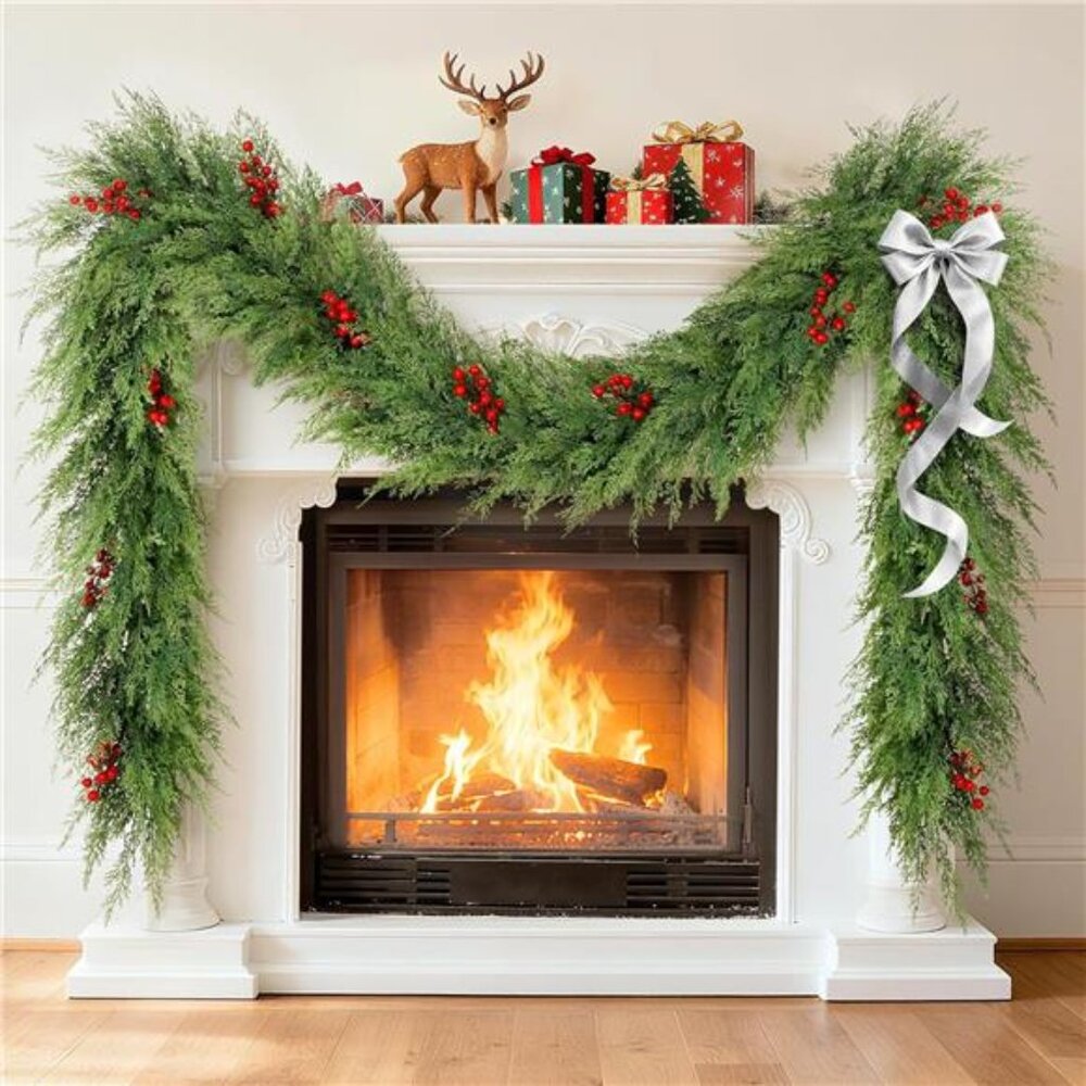 9Ft Christmas Garland, Artificial Cedar Cypress Garland with Red Berry